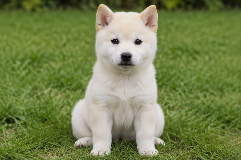 Shiba Inu blanco / crema en jardín, imagen ilustrativa